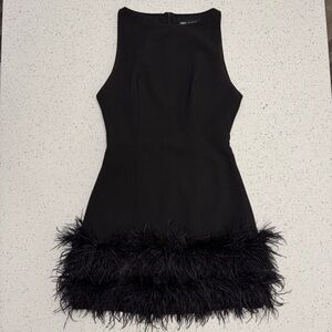 Elegant Black Feather Hem Dress